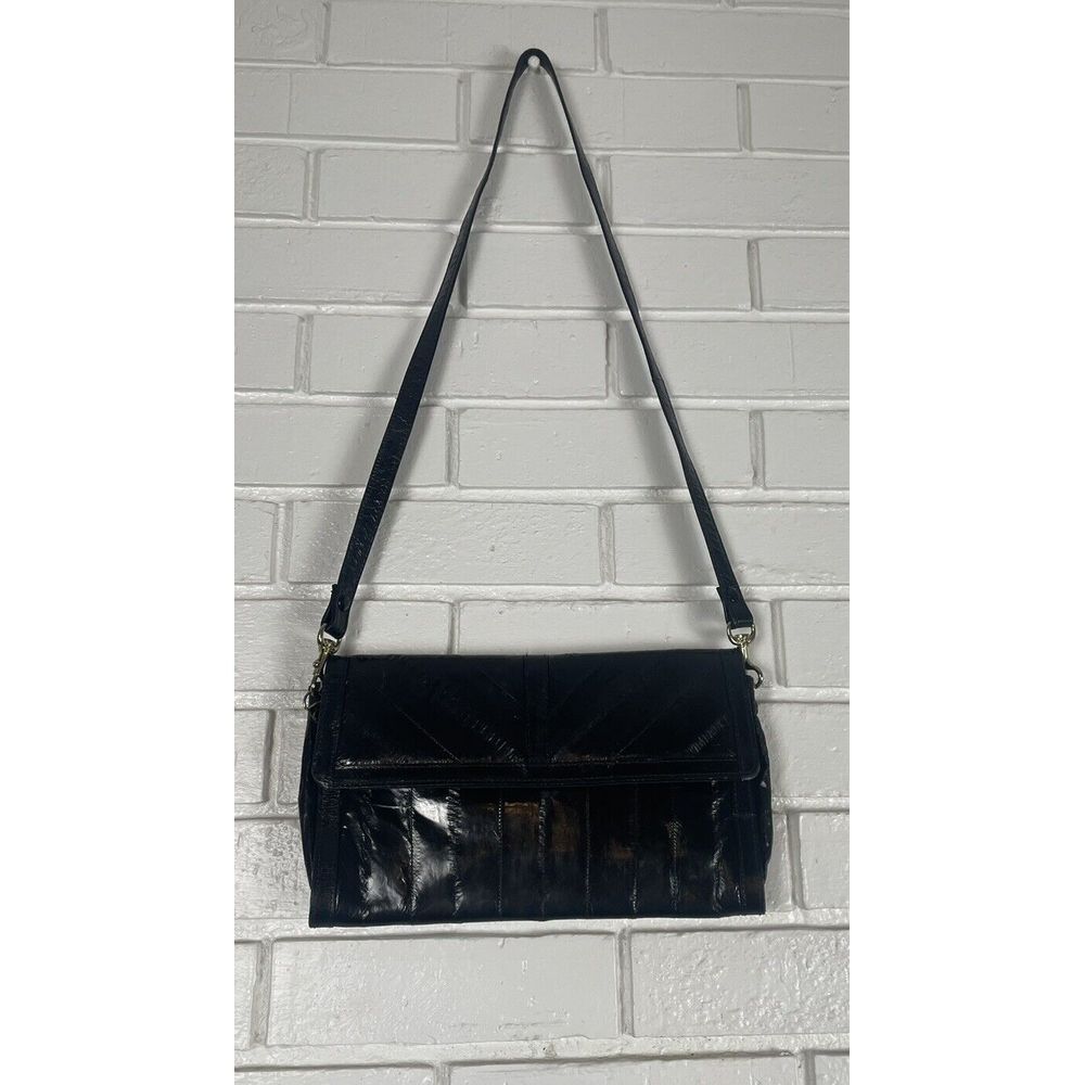 Vintage Genuine‎ Black Patent Eel Skin Detachable Strap Clutch Bag Purse